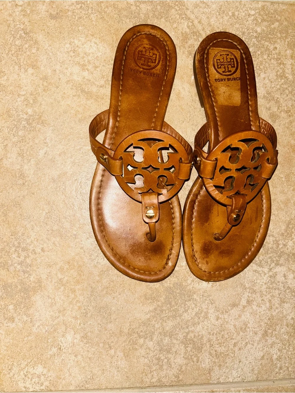 Tory Burch Tan Leather Logo Thong Sandals Miller Brown Tan 7.5